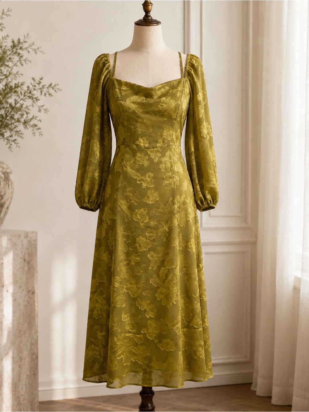 RIHOAS Olive Green Floral Jacquard Midi Dress with Puff Sleeves